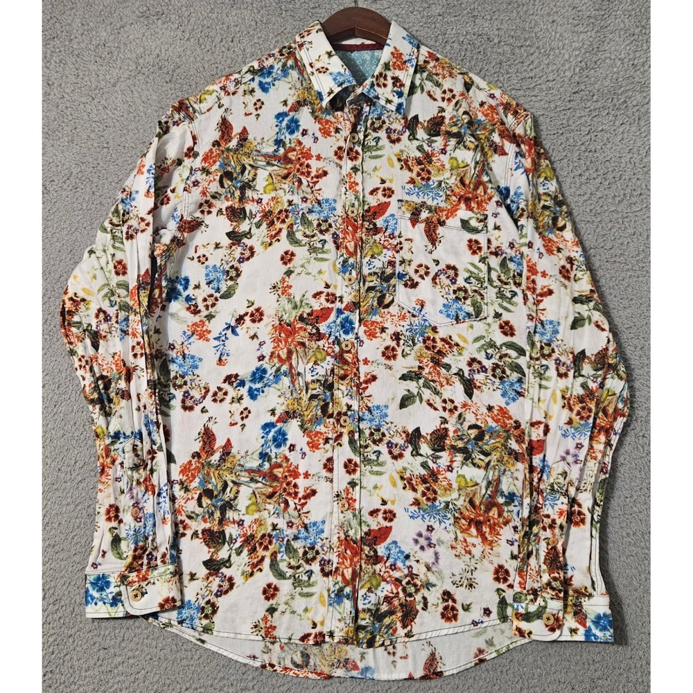 Visconti White Men's Floral Design Slim Fit Button Down L/S Shirt Size Small‎